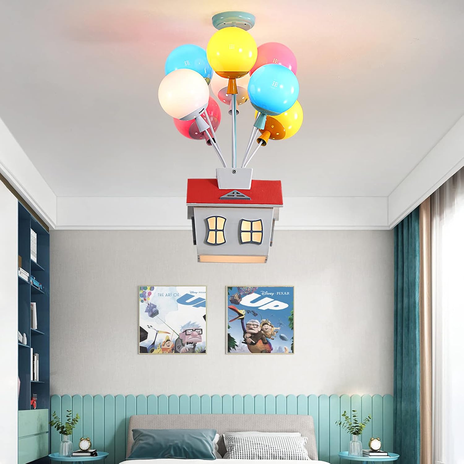 Kids House Shape Ceiling Light Colorful Balloon Wood Chandelier Cartoon House Shape with Acrylic lampshade Sputnik Ceiling Light for Girls Boys Kid's Bedroom (D18.1*H22.8IN (8 Light))