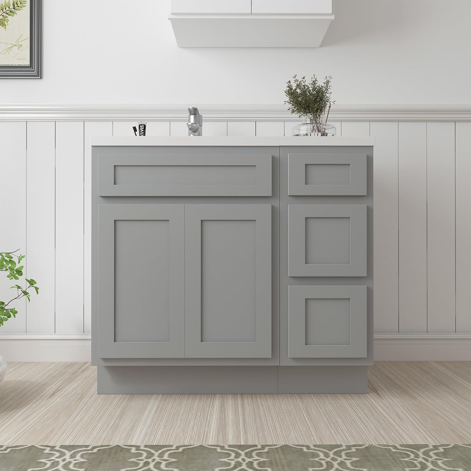 Vanity Art 36' Unassembled Bathroom Vanity with 2-Door 3-Drawer, Wood Bathroom Vanity Cabinet with Soft Closing Shaker Drawer, Sturdy Floor Mounted Cabinet Without Top VA4036-3S-G
