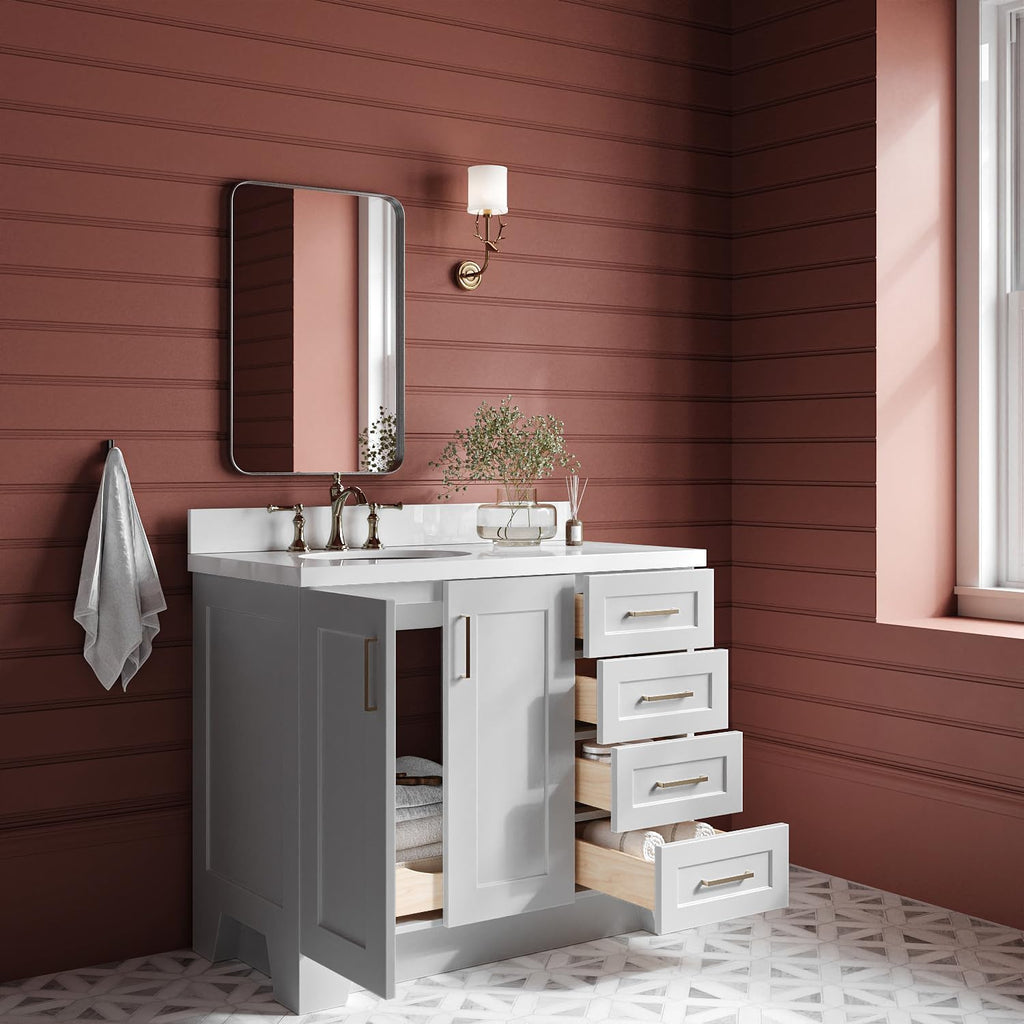 ARIEL Taylor 42-inch Bathroom Vanity with Sink,Solid Wood, 1.5-inch Pure White Quartz Countertop & Backsplash, Single Oval Porcelain Sink, 2 Soft Closing Doors, 5 Dovetail Drawers, Grey