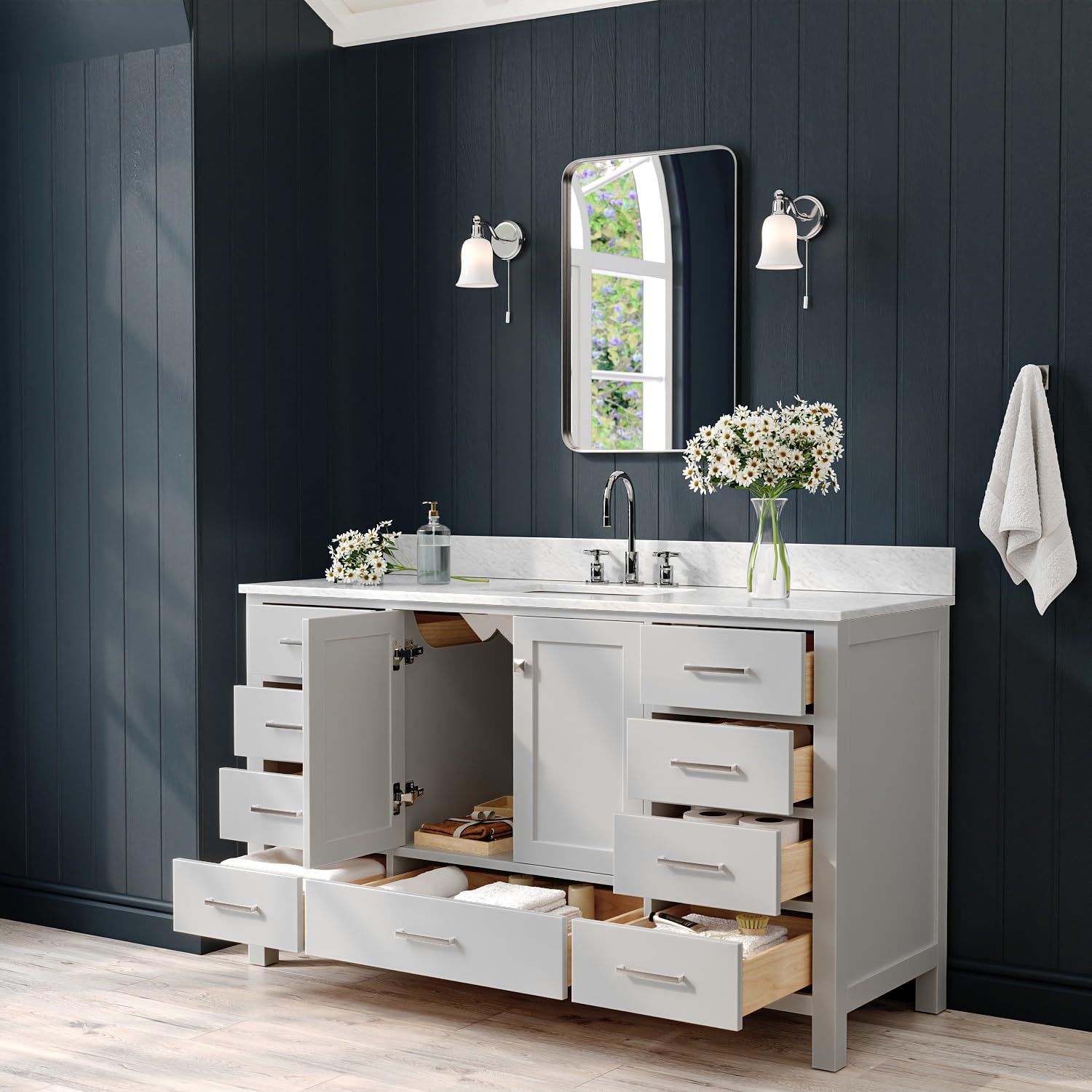 ARIEL Cambridge 60-inch Bathroom Vanity with Sink,Solid Wood, 0.75-inch Italian Carrara Marble Countertop, Single Rectangular Porcelain Sink, 2 Soft Closing Doors, 9 Dovetail Drawers, Grey