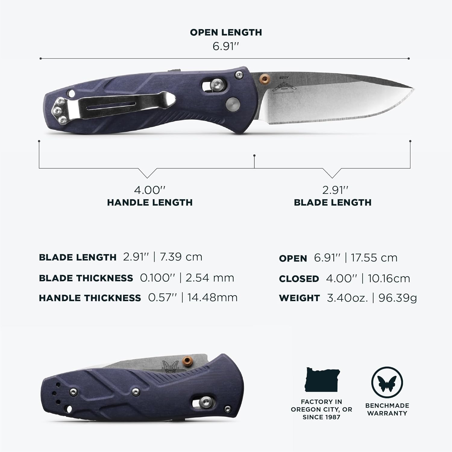 Benchmade - Mini Barrage 585 EDC Knife, Drop-Point Blade Blue Canyon Richlite Handle (585-03)
