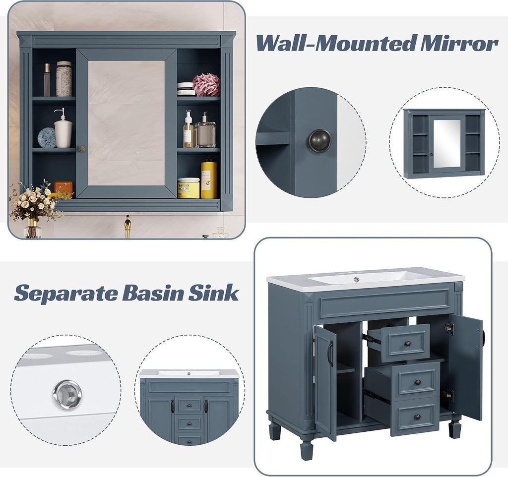 Merax 36' Bathroom Vanities with Matching Medicine Cabinet & Single Sink, Modern Undermount Bathroom Sink Cabinet with 3 Closing Doors & 2 Full Extension Dovetail Drawers