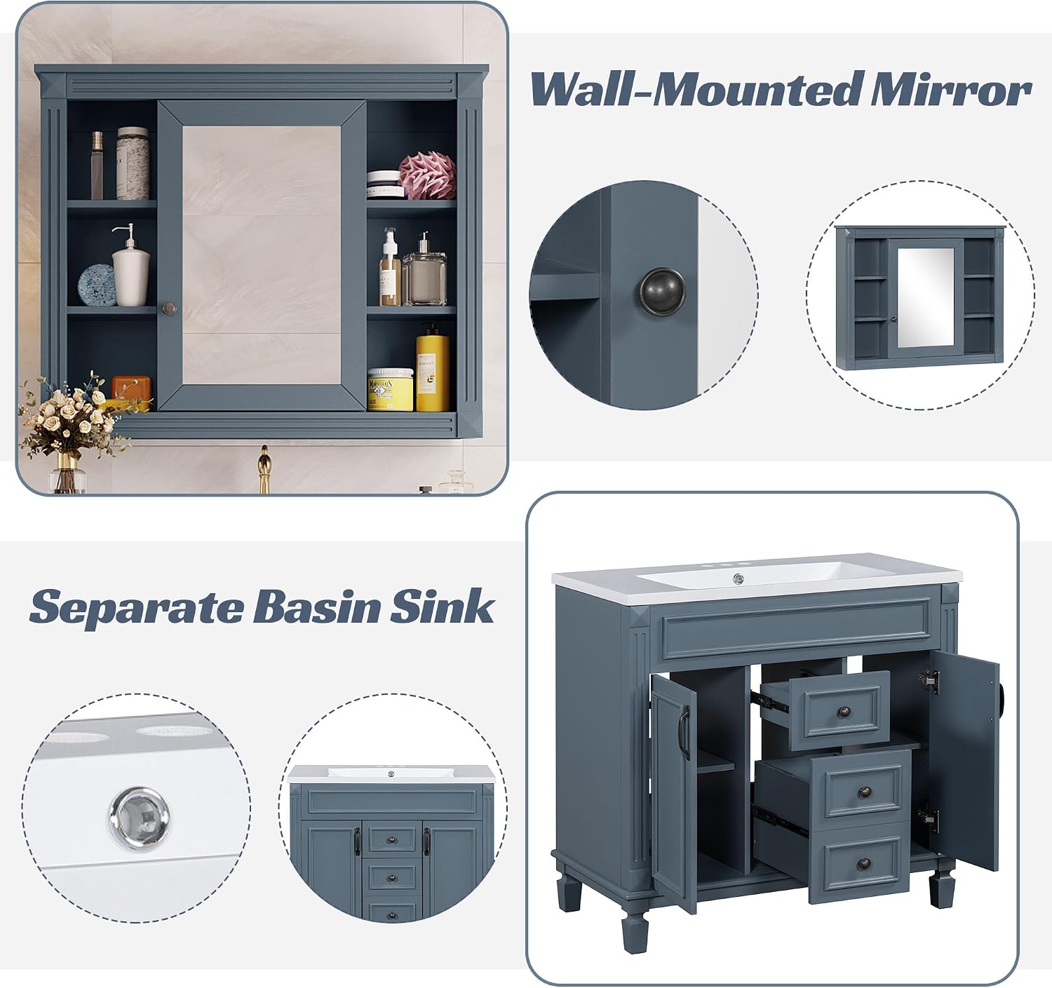 Merax 36' Bathroom Vanities with Matching Medicine Cabinet & Single Sink, Modern Undermount Bathroom Sink Cabinet with 3 Closing Doors & 2 Full Extension Dovetail Drawers