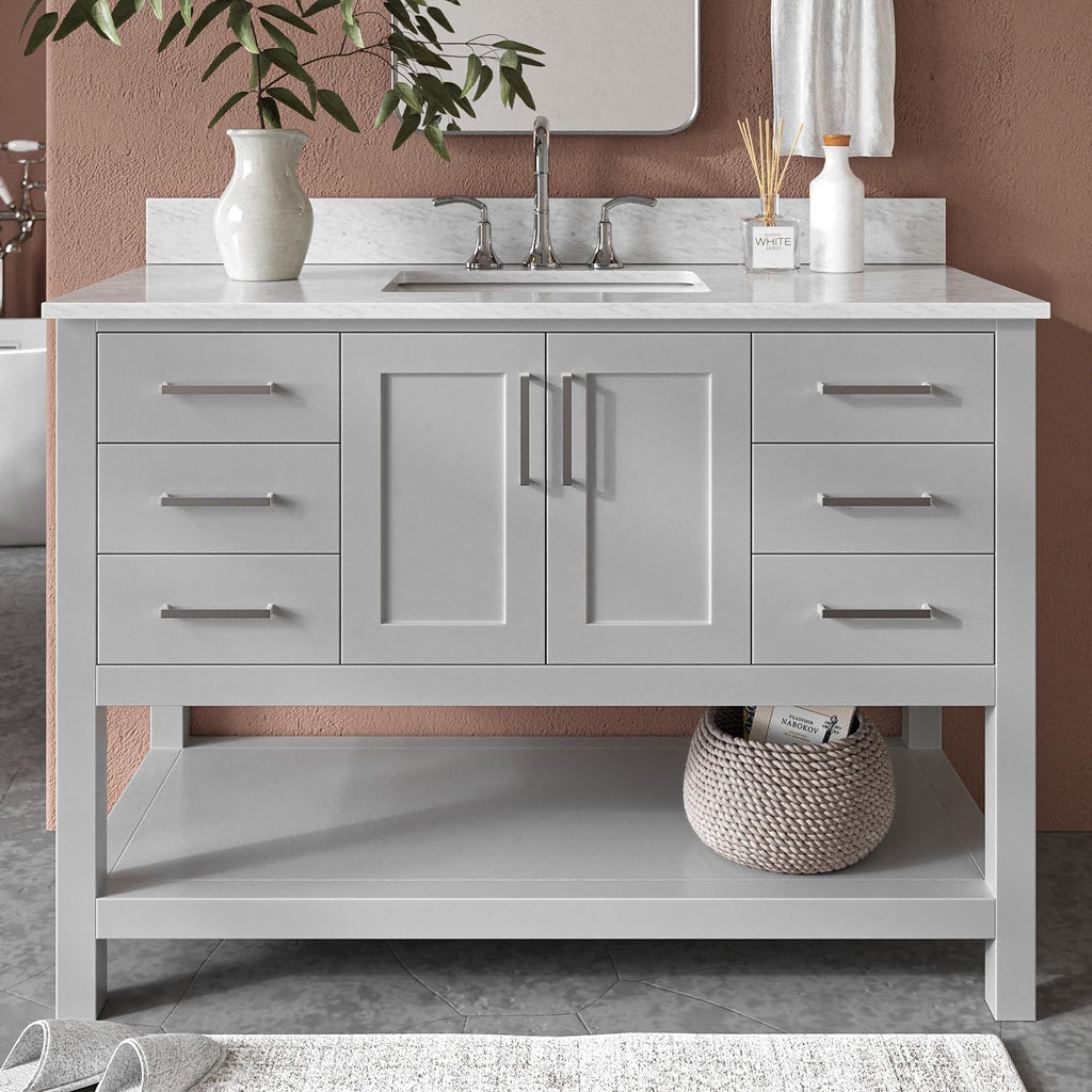 ARIEL Magnolia 48-inch Bathroom Vanity with Sink,Solid Wood, 0.75-inch Italian Carrara Marble Countertop, Single Rectangular Porcelain Sink, 2 Soft Closing Doors, 6 Dovetail Drawers, Grey