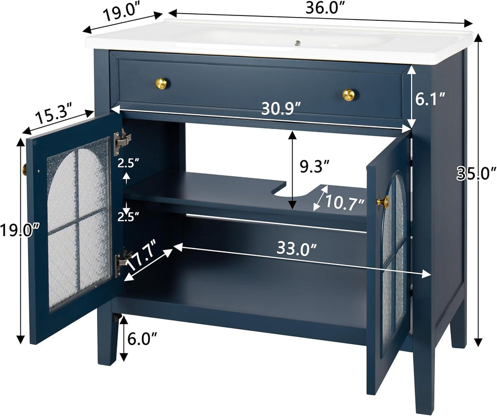 36 inch Bathroom Vanity with Sink Combo, Mid Century Modern Freestanding Bathroom Cabinet with Integrated Ceramic Sink, Flip Top Drawer, Flower Patterned Glass Doors, Adjustable Shelves, Blue