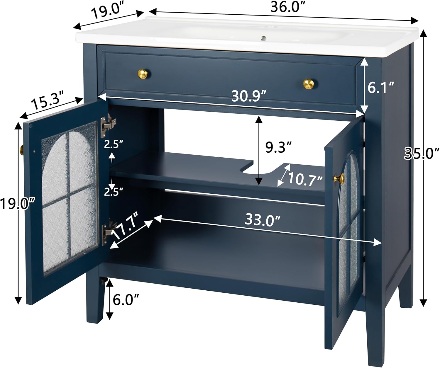 36 inch Bathroom Vanity with Sink Combo, Mid Century Modern Freestanding Bathroom Cabinet with Integrated Ceramic Sink, Flip Top Drawer, Flower Patterned Glass Doors, Adjustable Shelves, Blue
