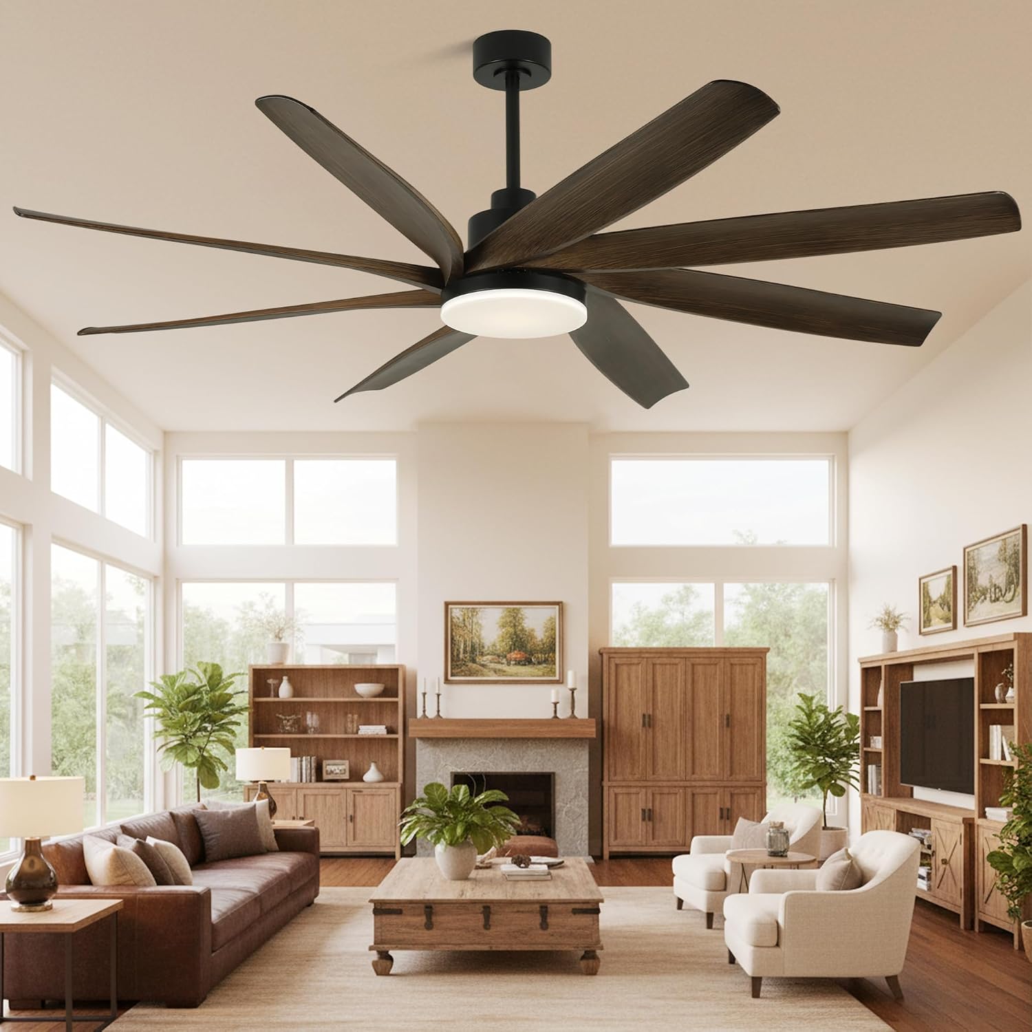 Dawn Whisper 72 Inch Ceiling Fans with Lights and Remote Black Large Modern LED Ceiling Fan for Living Room Bedroom 8 Blades 6 Speed Reversible DC Motor