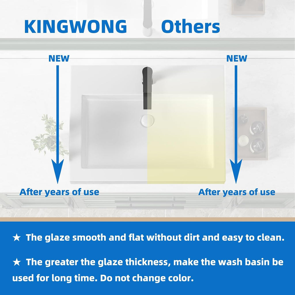 KINGWONG 24' x 18.3' Rectangular Ceramic Vessel Sink, White Bathroom Sink Above Counter, No Overflow Single Hole Basin for Vanity Top, High Temp Fired Porcelain, Stain Resistant Glossy Easy to Clean
