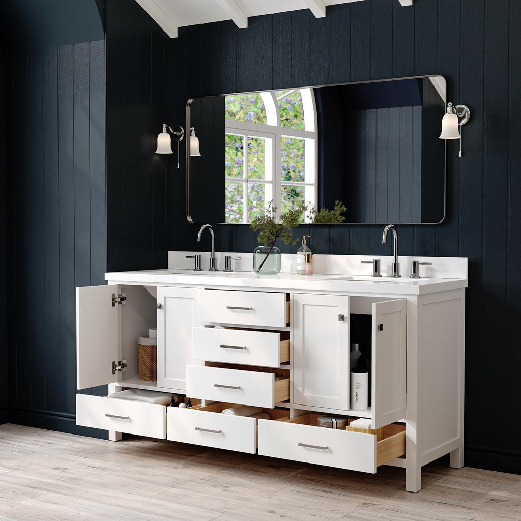 ARIEL Cambridge 72-inch Bathroom Vanity with Sink,Solid Wood, 1.5-inch Pure White Quartz Countertop & Backsplash, Double Rectangular Porcelain Sink, 4 Soft Closing Doors, 6 Dovetail Drawers, White