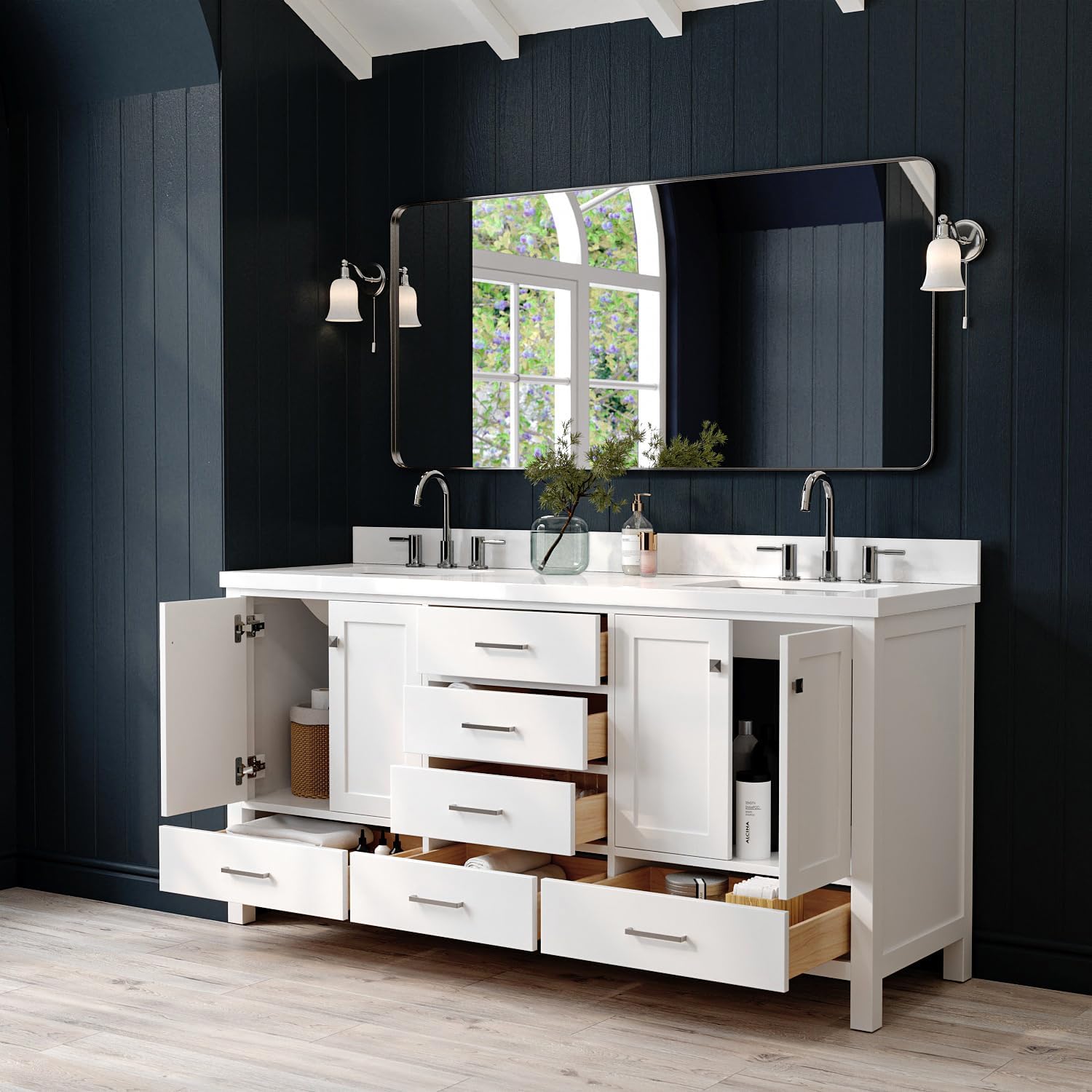 ARIEL Cambridge 72-inch Bathroom Vanity with Sink,Solid Wood, 1.5-inch Pure White Quartz Countertop & Backsplash, Double Rectangular Porcelain Sink, 4 Soft Closing Doors, 6 Dovetail Drawers, White