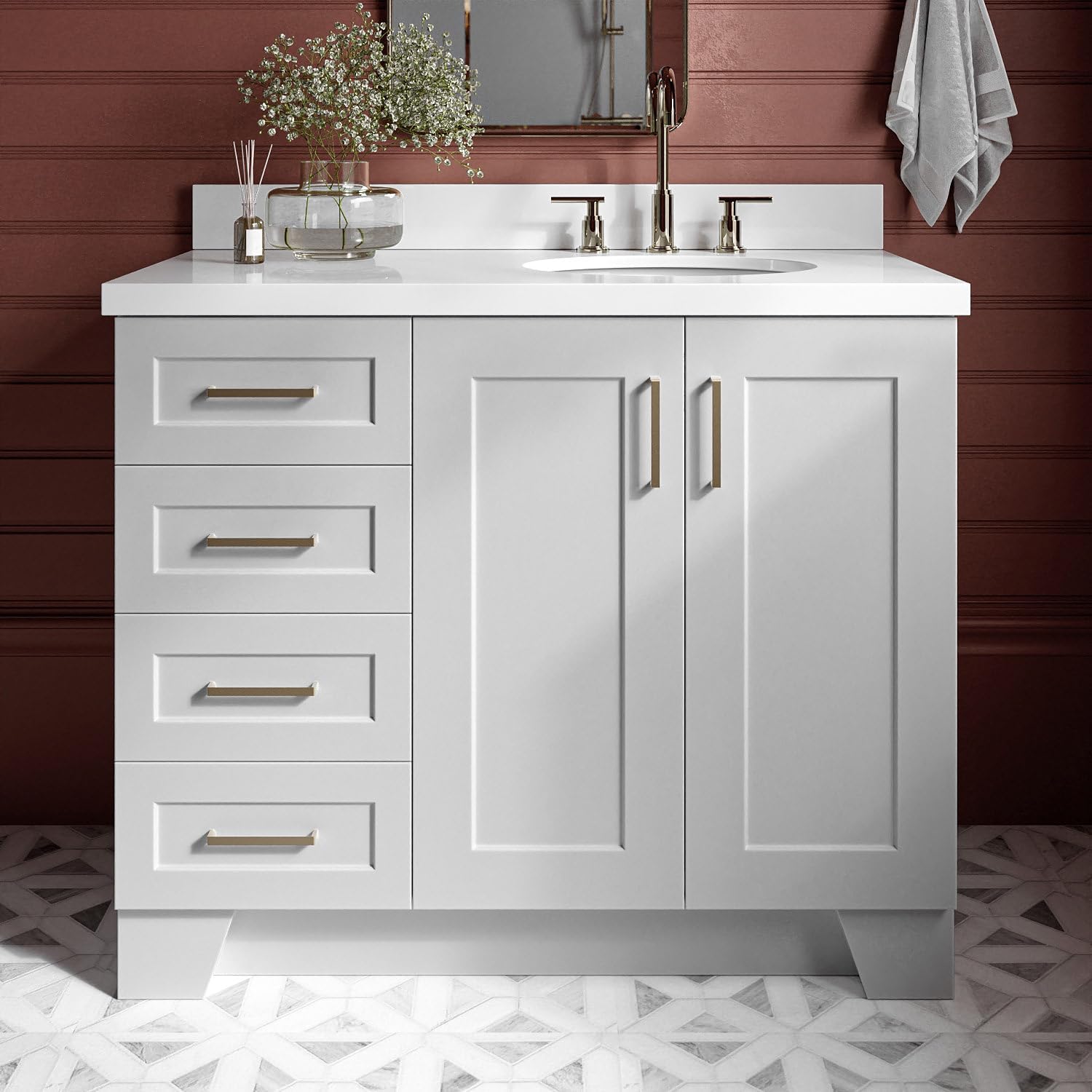 ARIEL Taylor 42-inch Bathroom Vanity with Sink,Solid Wood, 1.5-inch Pure White Quartz Countertop & Backsplash, Single Oval Porcelain Sink, 2 Soft Closing Doors, 5 Dovetail Drawers, Grey