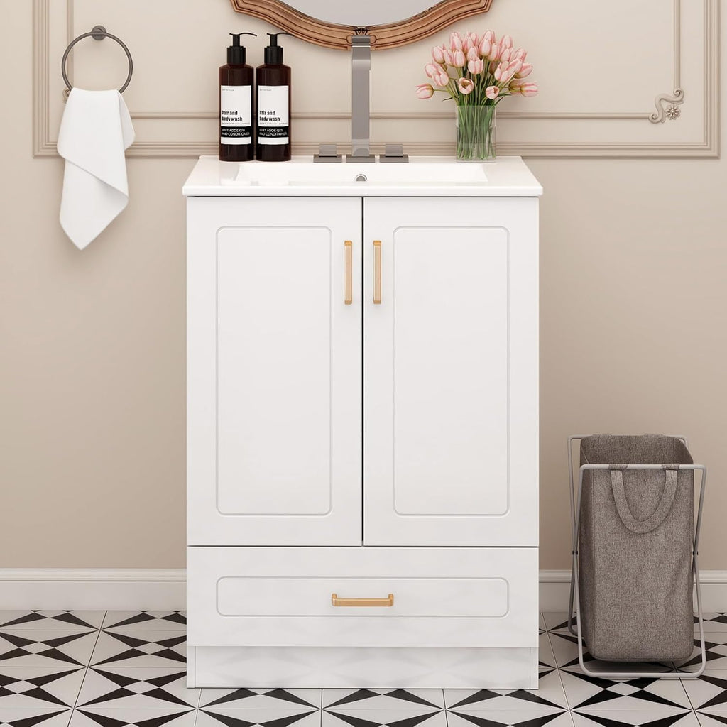 Sweetcrispy 24' Modern Bathroom Vanity with Ceramic Basin, Undermount Vanity Sink Cabinet with 2 Doors and 1 Drawer, Free Standing Bathroom Storage Cabinet with Sink Combo Set, Ivory