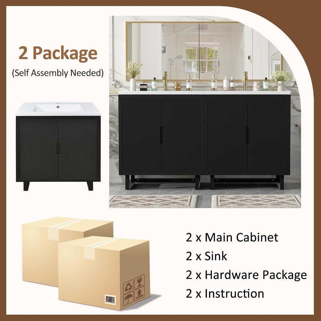 Harper & Bright Designs 60' Bathroom Vanity Set with Double Sink, Free Standing Single Basin Vanity Set with 2 Soft-Close Doors, Vintage Style Storage Cabinet with Resin Basin for Bathroom, Black