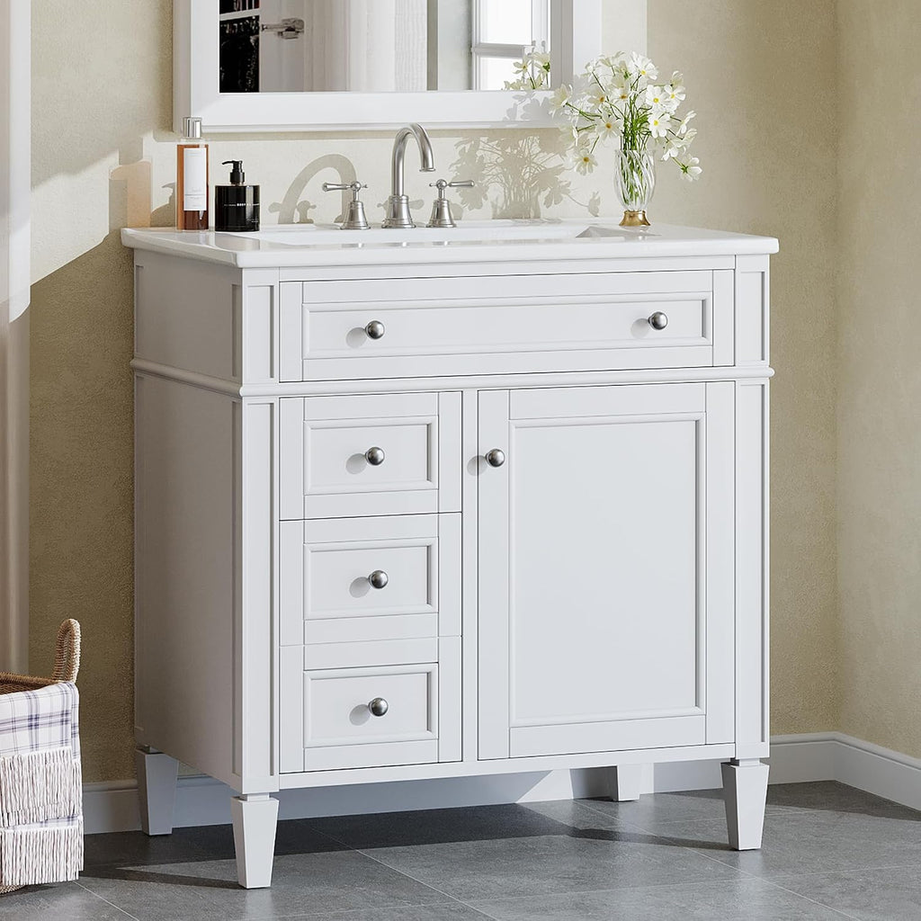 Tribesigns 30-Inch Bathroom Vanity with Sink, Modern Bathroom Sink Cabinet with 3 Drawers & 2 Doors, Bath Storage Vanity Sink with Metal Handles, Solid Wood Frame, Paint Surface White