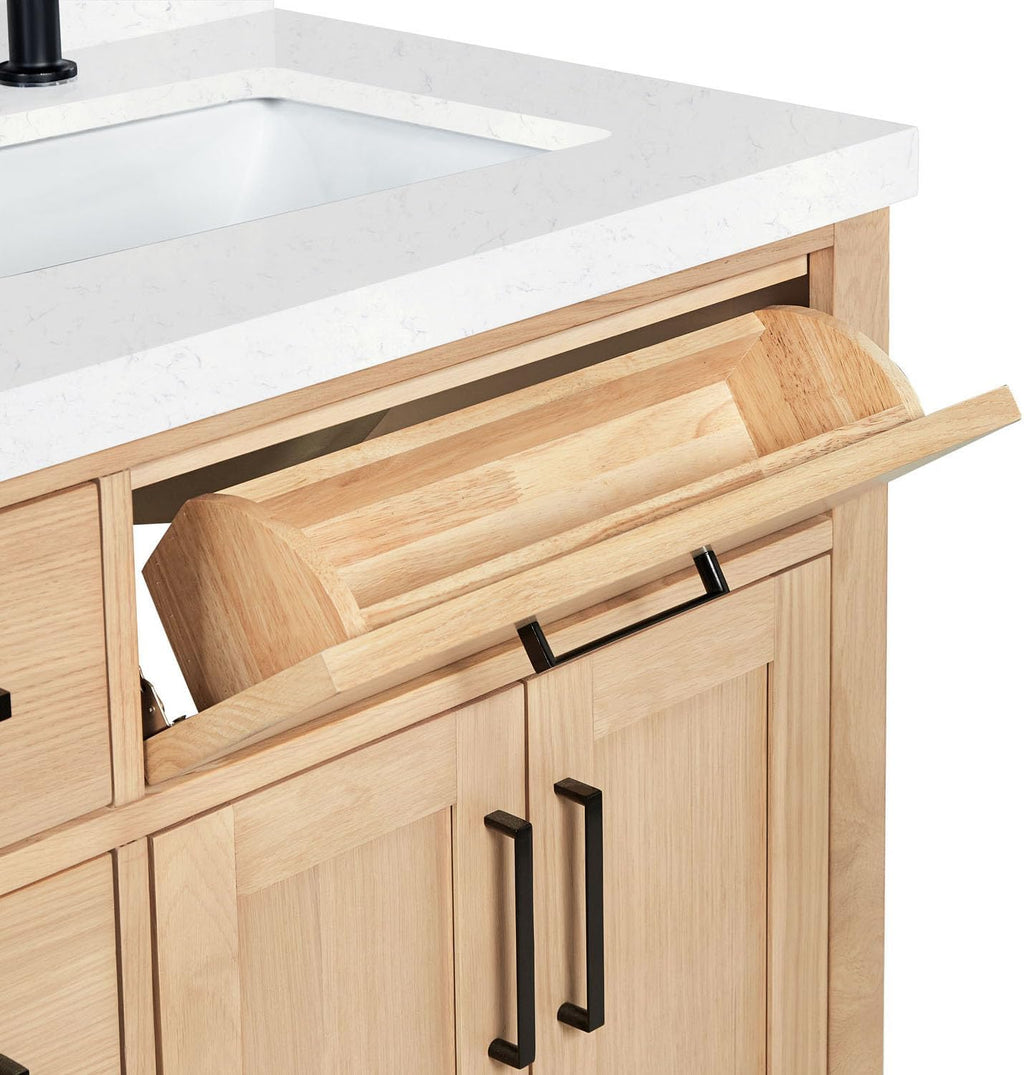 ARIEL Hepburn 36-inch Bathroom Vanity with Sink,Solid Wood, 1.5-inch Carrara White Quartz Countertop, Single Rectangular Porcelain Sink, 2 Soft Closing Doors, 5 Dovetail Drawers, White Oak