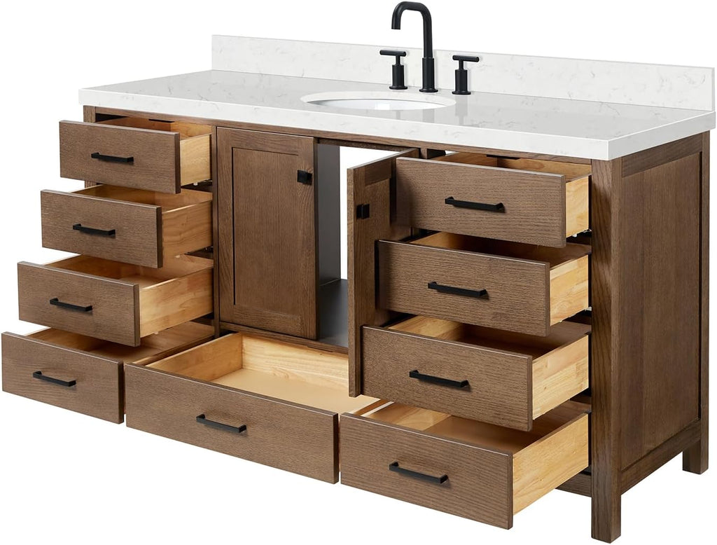 ARIEL Cambridge 66-inch Bathroom Vanity with Sink,Solid Wood, 1.5-inch Carrara White Quartz Countertop & Backsplash, Single Oval Porcelain Sink, 2 Soft Closing Doors, 9 Dovetail Drawers, Brown Oak