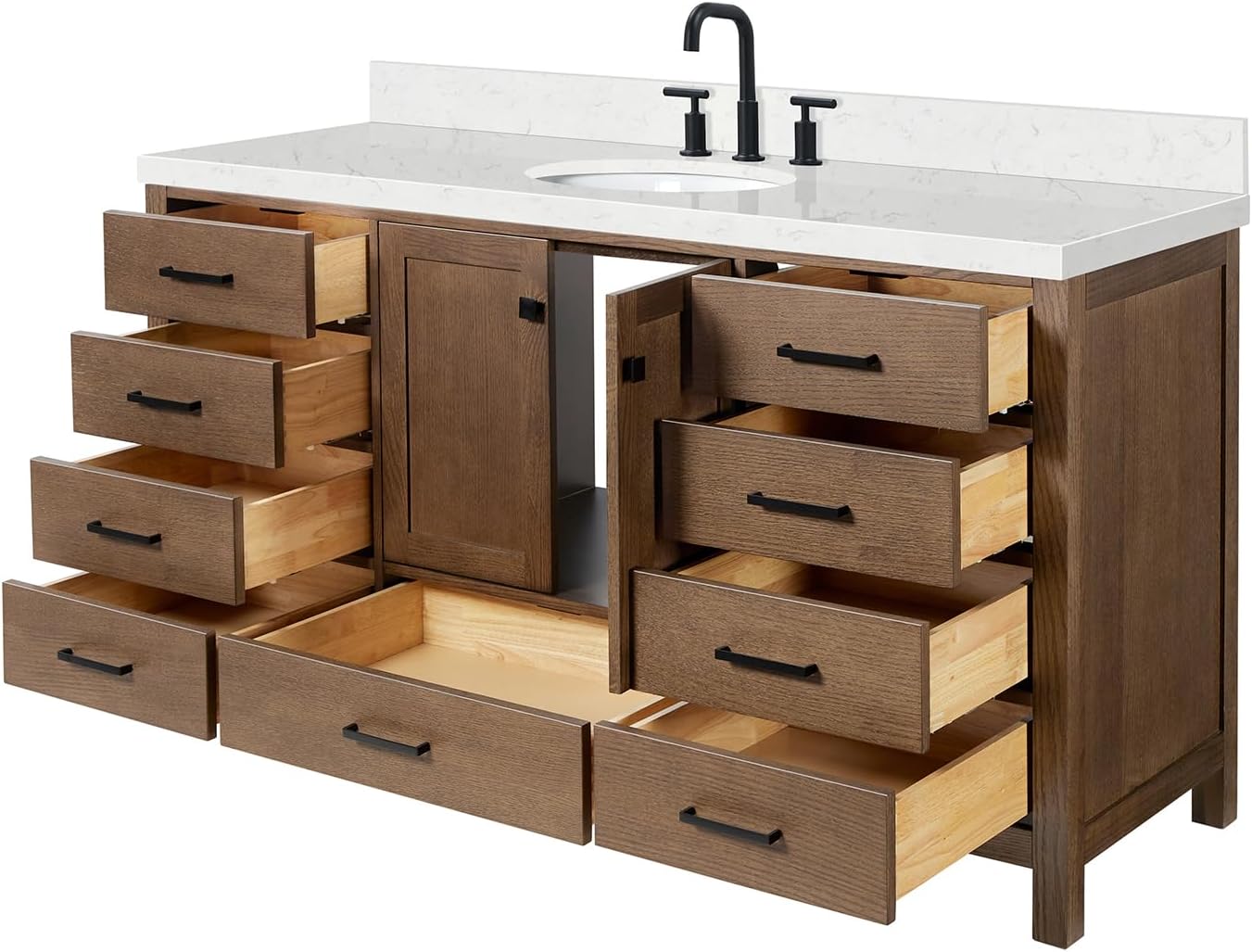 ARIEL Cambridge 66-inch Bathroom Vanity with Sink,Solid Wood, 1.5-inch Carrara White Quartz Countertop & Backsplash, Single Oval Porcelain Sink, 2 Soft Closing Doors, 9 Dovetail Drawers, Brown Oak