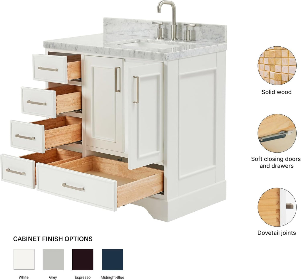 ARIEL Stafford 36-inch Bathroom Vanity with Sink,Solid Wood, 1.5-inch Italian Carrara Marble Countertop, Single Rectangular Porcelain Sink, 2 Soft Closing Doors, 5 Dovetail Drawers, White