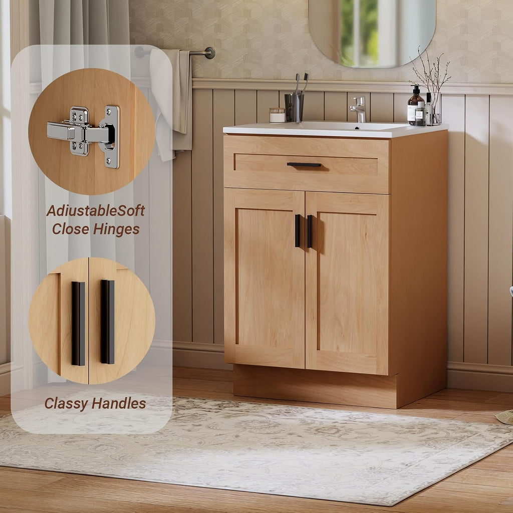 24 Inch Bathroom Vanity with Sink, Modern Storage Cabinet, Contains White Sink and Soft-Closing Door, Spacious Bathroom Storage Space (Nature with Sink, 24 Inch)