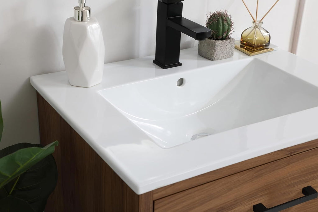 24' Pre-Assembled Bathroom Vanity with Sink, Engineered Wood, White Resin Countertop Attached, Single Rectangle Porcelain Sink, 1 Soft-Close Drawers, Walnut Brown