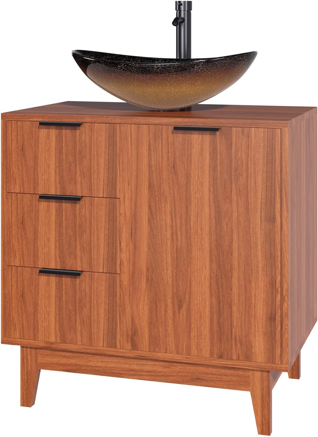 EROMMY 30 Inch Bathroom Vanity with Sink Combo, Bathroom Vanity with 3 Soft-Close Drawers, Adjustable Shelf & Boat Glass Sink, Rustic Standing Bathroom Cabinet Includes Water Tap & Sink Accessories
