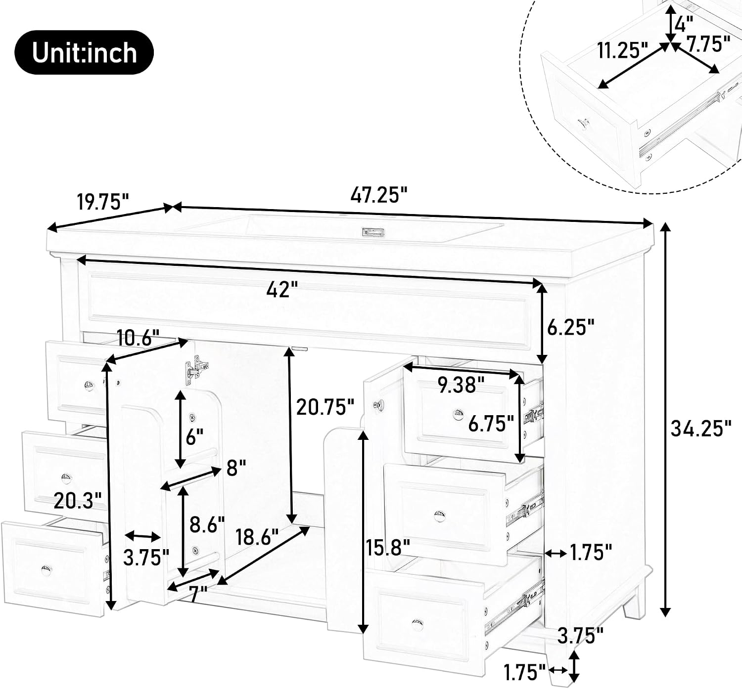 46' Bathroom Vanities Without Sink Top, Cabinet Base Only, Soft-Closing 6 Drawers and 2 Doors, Solid Wood Frame, White