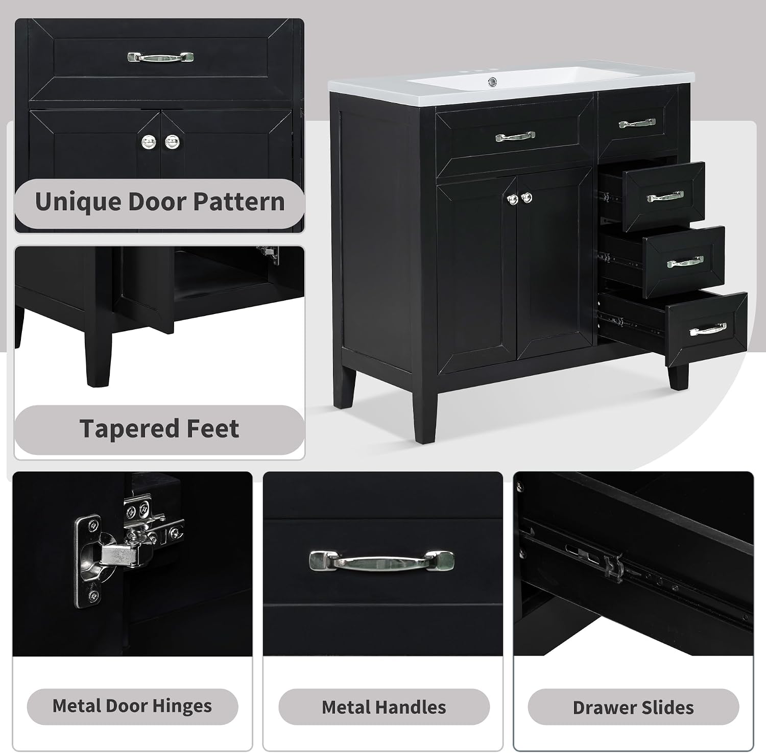 36' Vanity with Sink, Bathroom Vanity witn Top, 36 Inch Vanity and Sink with Countertop, 3 Drawers and 2 Doors for Bathroom No Mirror (Black)