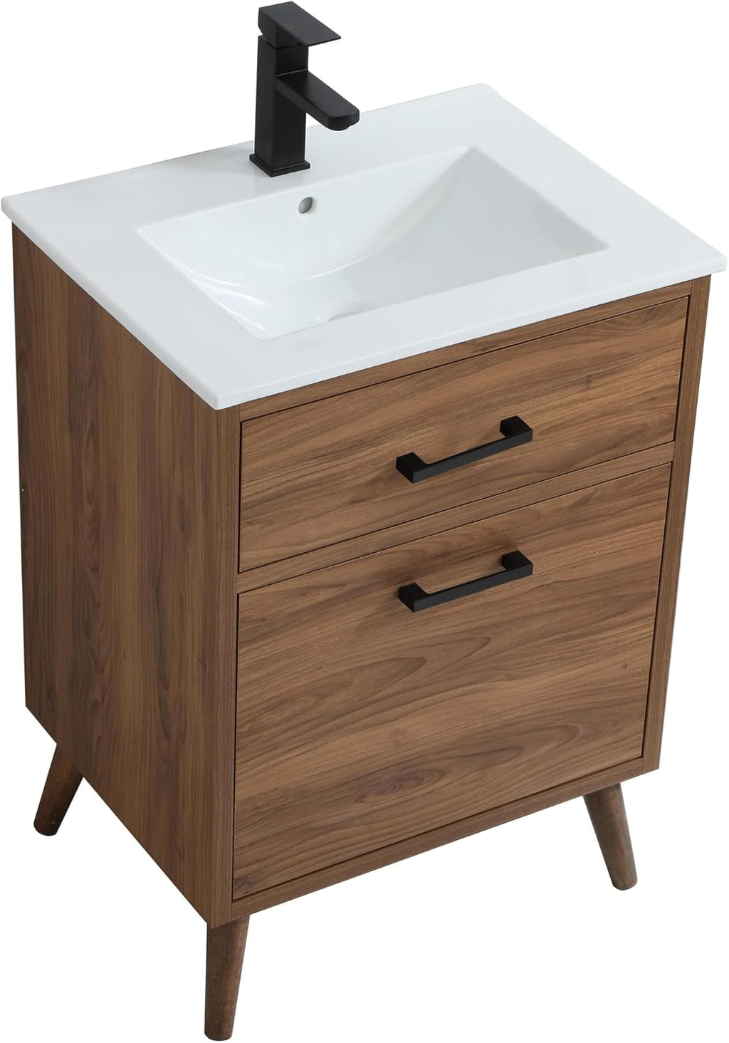 24' Pre-Assembled Bathroom Vanity with Sink, Engineered Wood, White Resin Countertop Attached, Single Rectangle Porcelain Sink, 1 Soft-Close Drawers, Walnut Brown