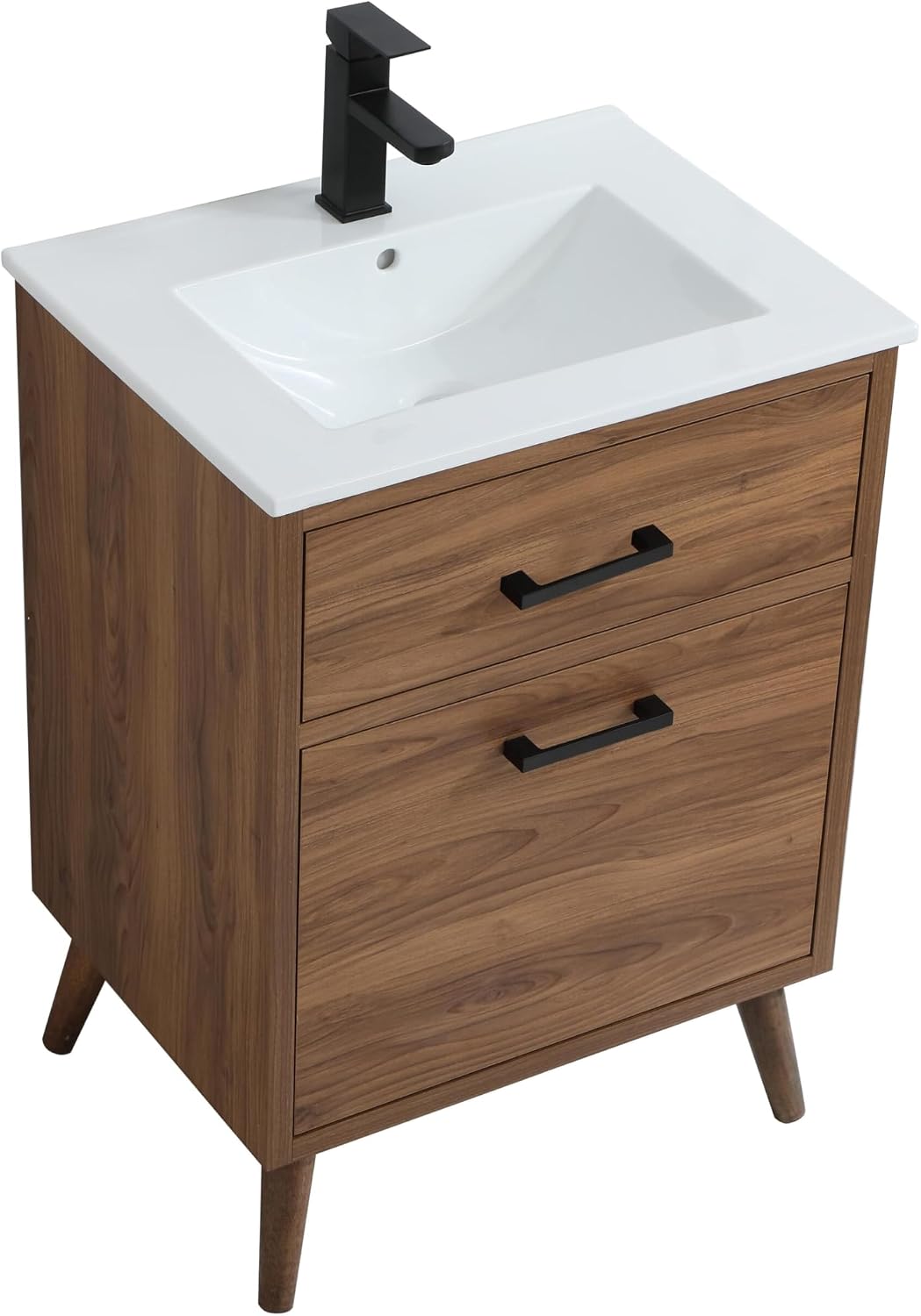 24' Pre-Assembled Bathroom Vanity with Sink, Engineered Wood, White Resin Countertop Attached, Single Rectangle Porcelain Sink, 1 Soft-Close Drawers, Walnut Brown