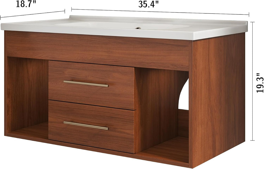 36' Floating Bathroom Vanity with Single Sink, Modern Wall Mounted Bathroom Vanities with Ceramic Basin, Wood Bathroom Vanity Cabinet with 2 Drawers and 2 Open Cabinets, Walnut