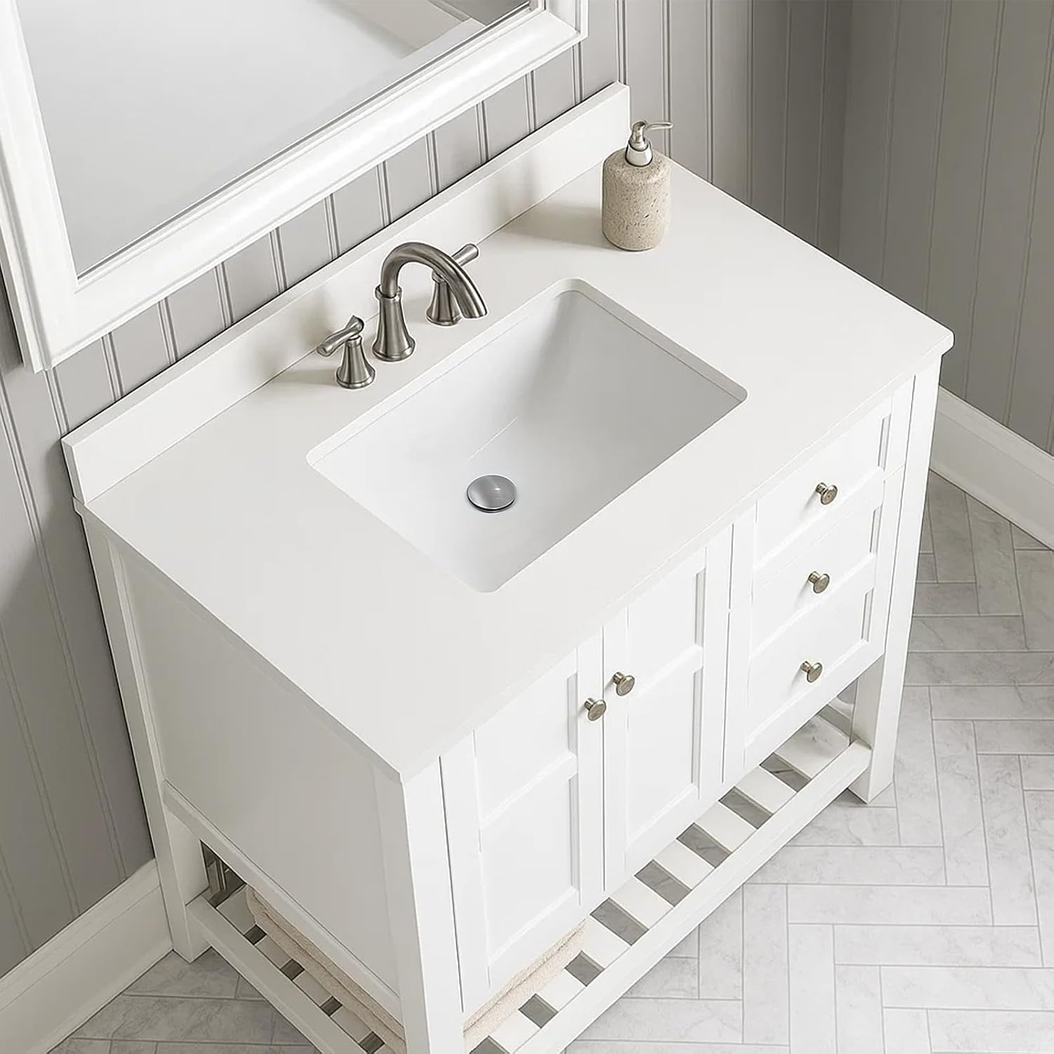 42 Inch Backsplash in Pure White, Quartz Backsplash for Bathroom Vanity Sink Top, 42 in. W x 4 in. H Universal Bathroom Vanity Backsplashes