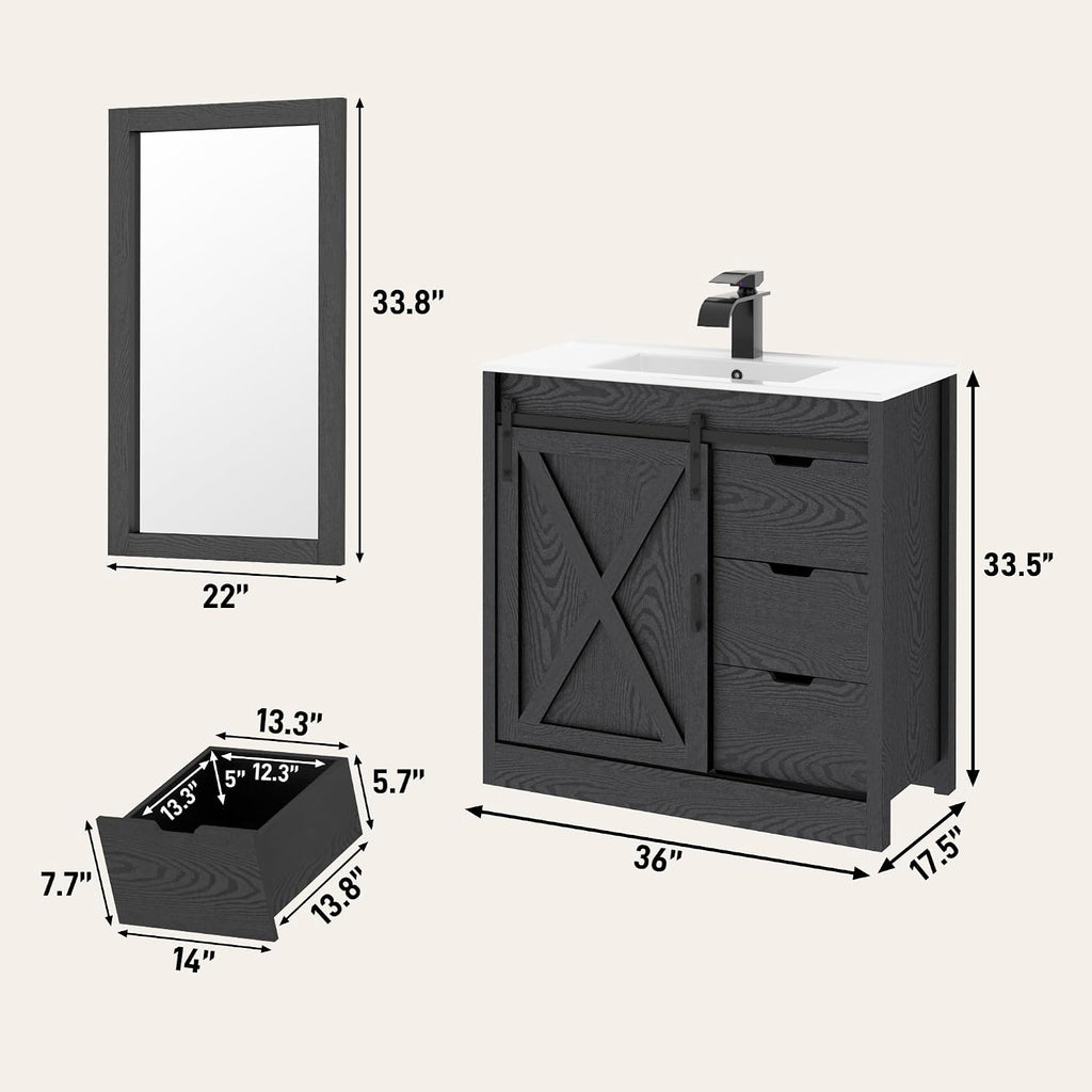 chartustriable 36 Inch Bathroom Vanity with Sink & Faucet & Mirror, Farmhouse Bathroom Vanity Cabinet Set with Sliding Barn Door & Drawers, Small Single Bath Storage Vanity Sink, Black