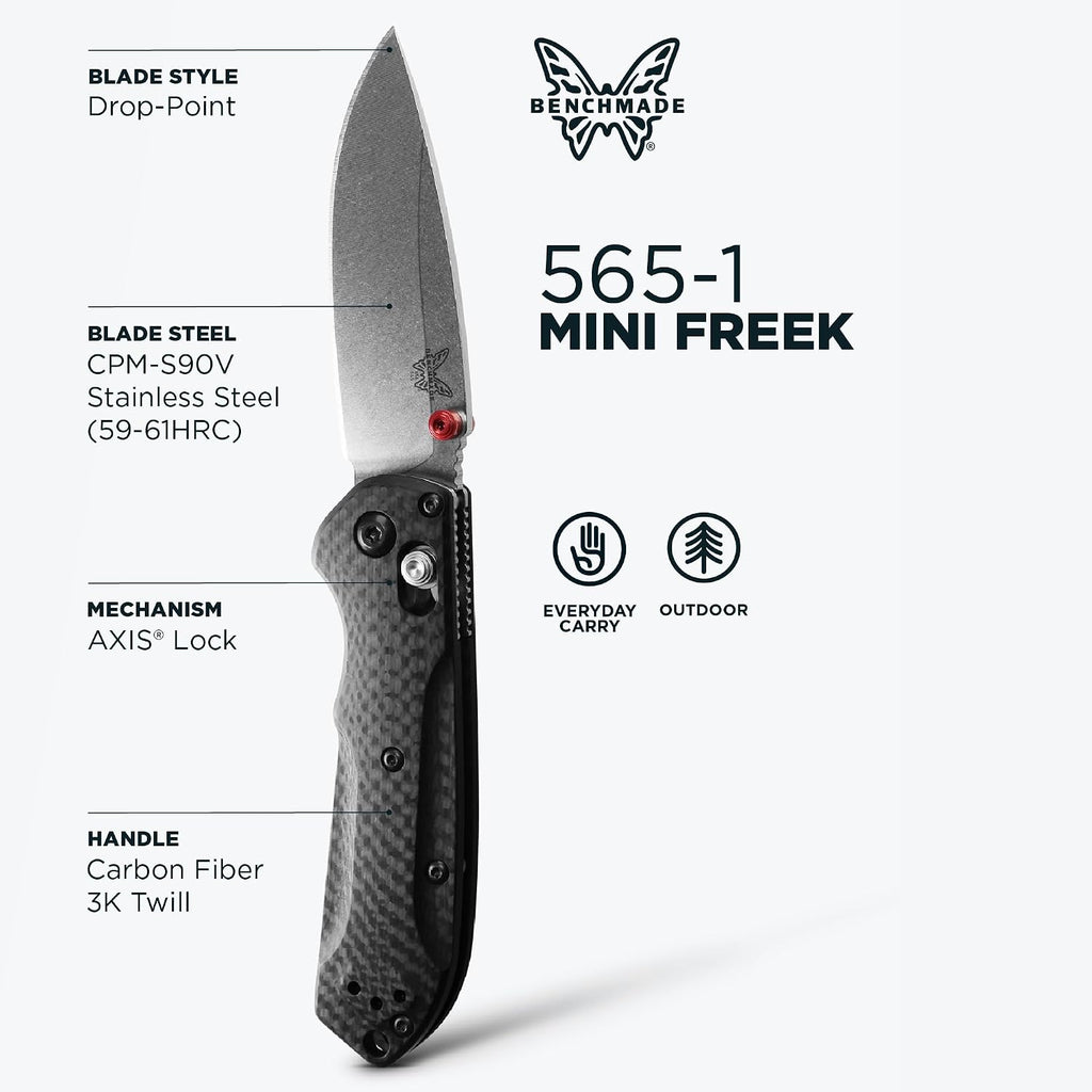 Benchmade - Mini Freek Outdoor EDC Knife, Drop-Point Blade with Black Carbon Fiber Handle (565-1)