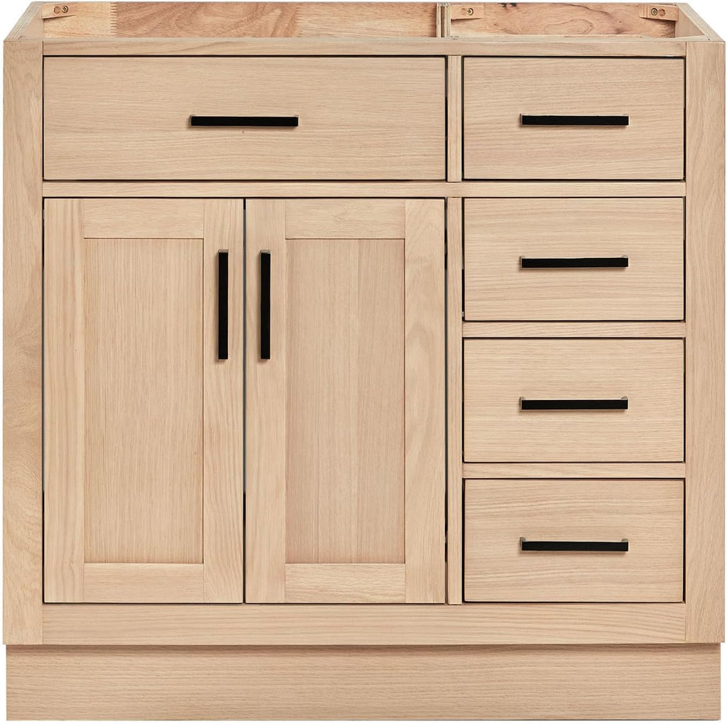 ARIEL Hepburn 36-inch Bathroom Vanity Base Cabinet,Solid Wood, 2 Soft Closing Doors, 5 Dovetail Drawers, White Oak