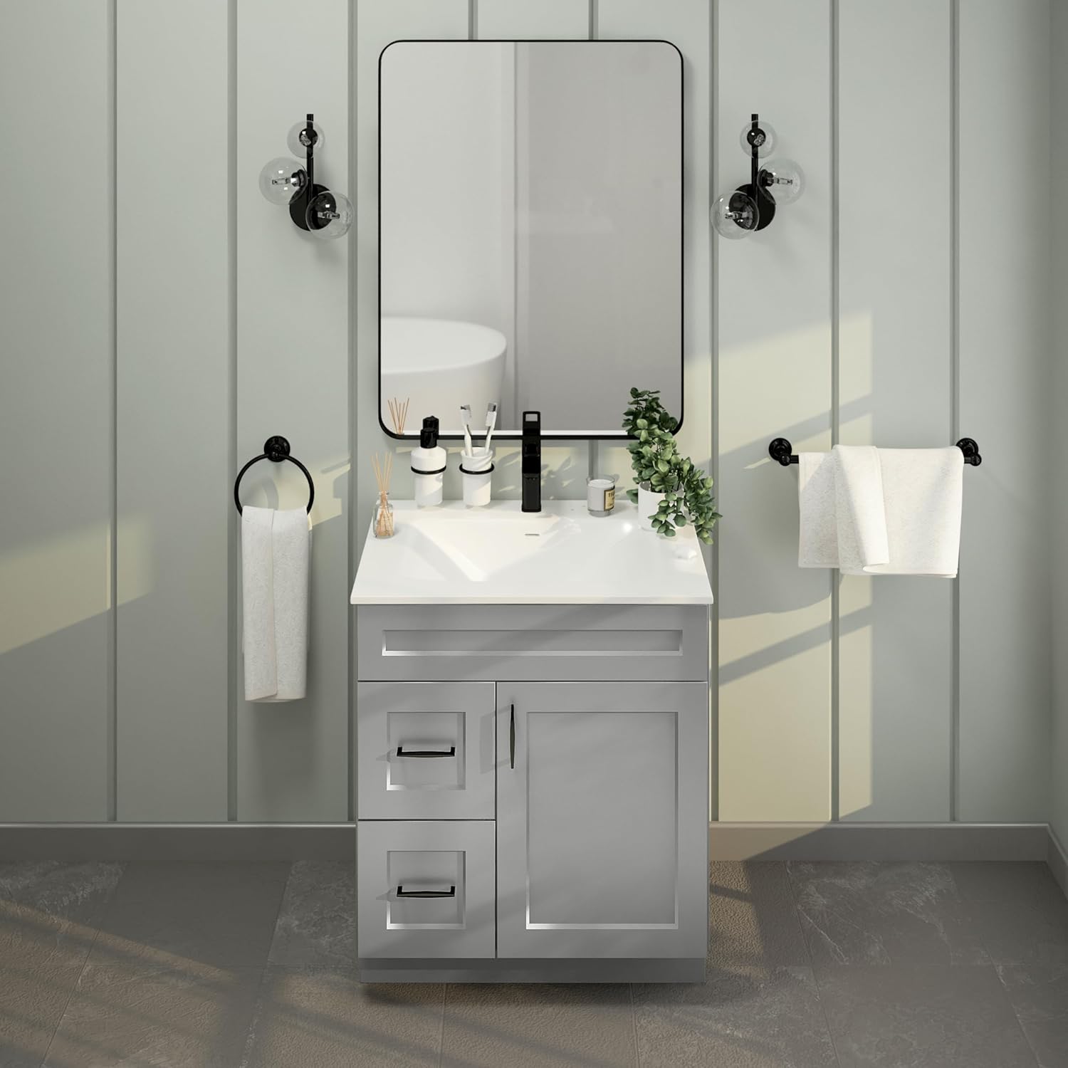 30' Shaker Bathroom Vanity Sink Base with Drawers (Ready-to-Assemble) (Light Grey Shaker Vanity Base)