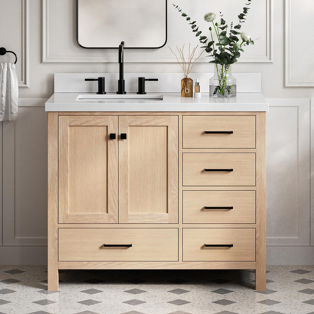 DKB Beckford 42-Inch Oak Bathroom Vanity with Sink, Pure White Quartz Countertop 1.5' Miter Edge & 4' Backsplash, Porcelain Sink, Soft Closing Door & Drawer, Matte Black Hardware