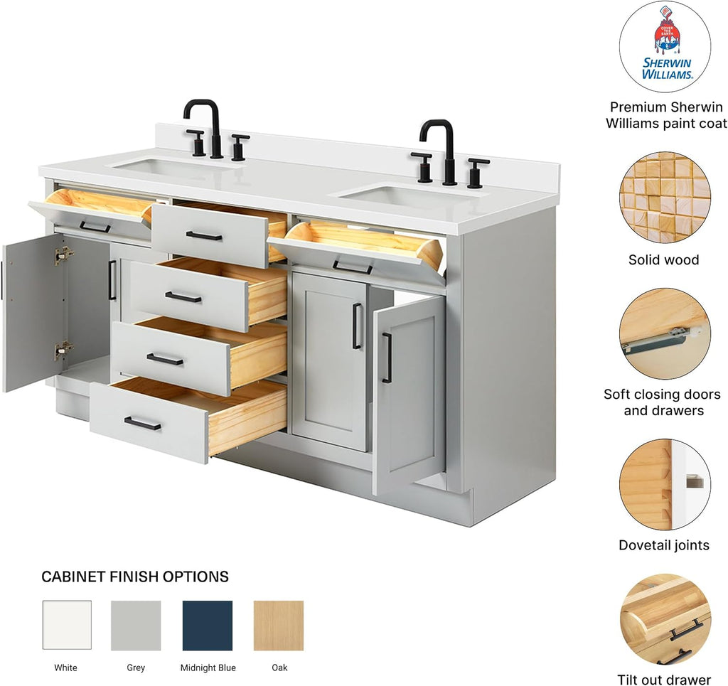 DKB Isabella 72 Inch Bathroom Vanity Double Sink — Grey Bathroom Vanity with Sink, 1.5' Edge Pure White Quartz Countertop, 4 Soft-Close Doors, 4 Dovetail Drawers, and 2 Tilt Drawers