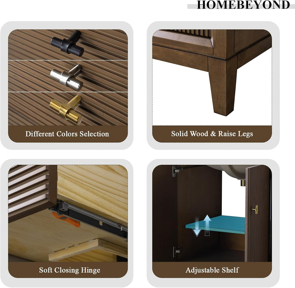 HOMEBEYOND 60' Bathroom Vanity with Double Sink & Engineered Marble Top, Solid Wood Frame, Linear Pattern & Soft Close Door | Golden Brushed Handware, Walnut