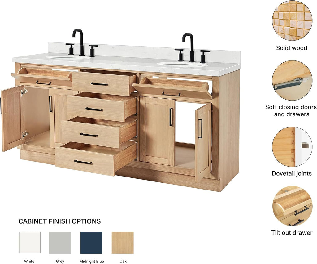 ARIEL Hepburn 72-inch Bathroom Vanity with Sink,Solid Wood, 1.5-inch Carrara White Quartz Countertop & Backsplash, Double Oval Porcelain Sink, 4 Soft Closing Doors, 6 Dovetail Drawers, White Oak