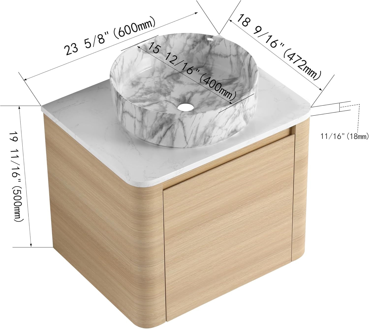 24 Inch Wall-Mounted Bathroom Vanity with Sink Combo Modern Floating Bathroom Vanitites with Round Ceramic Vessel Sink 24' Bathroom Sink Cabinet with Marble Counter Top & Soft Closing Door