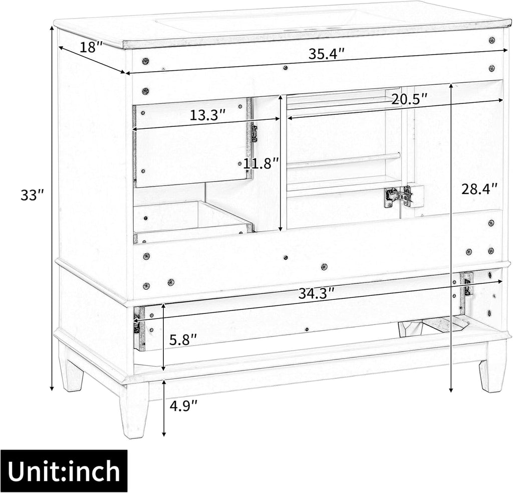 36 Inch Bathroom Vanity with Sink Set, Undermount Vanity Sink Cabinet with 3 Drawers and Door Storage, Soft Closing Door, Wood Frame, Gray