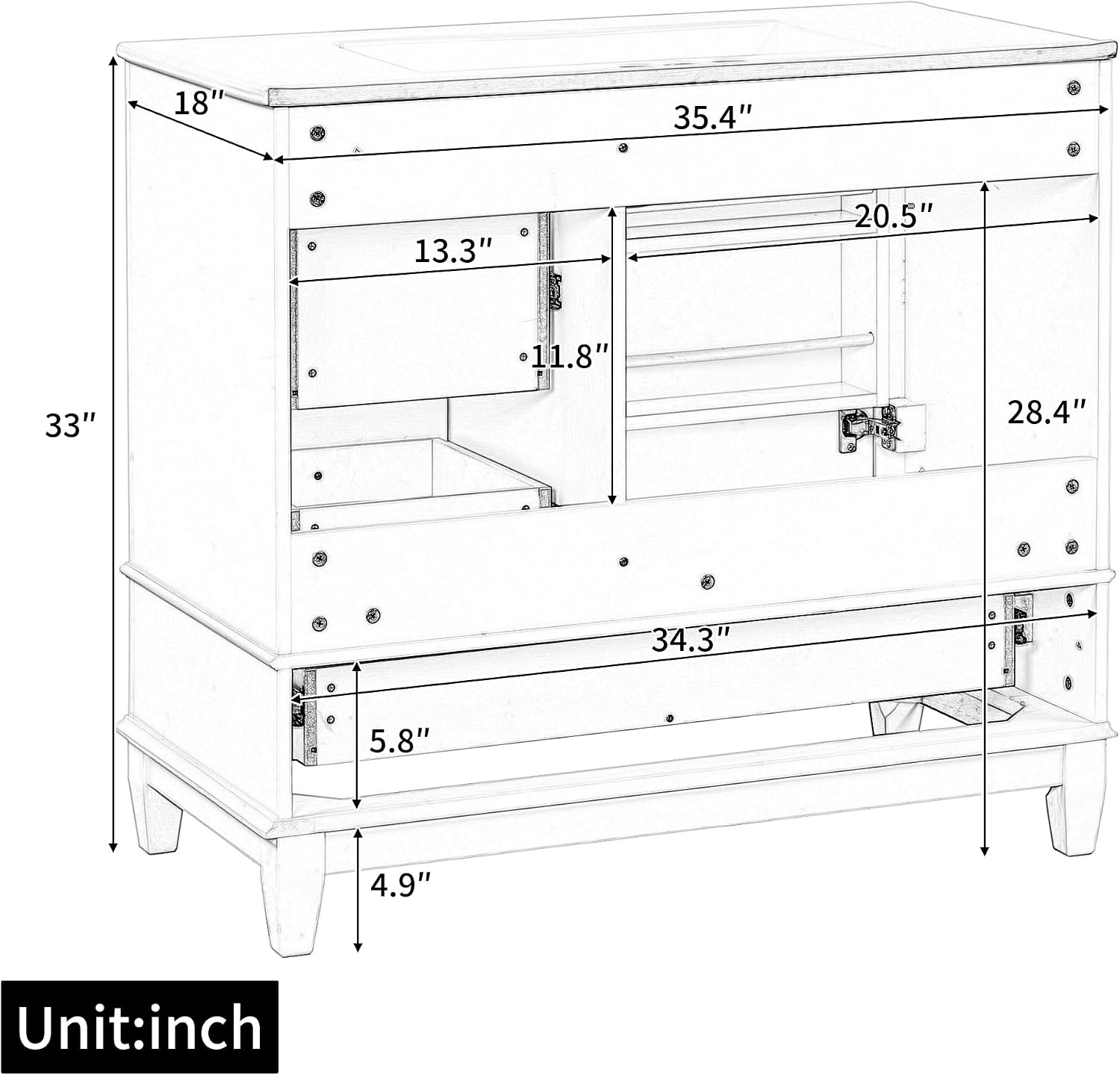 Mirightone 36' Vanity with Sink, Bathroom Vanities 36 Inch with Sink, Single Sink Bathroom Vanity with Door Shelf and Three Drawers, Restroom Vanity with Sink Top (White)