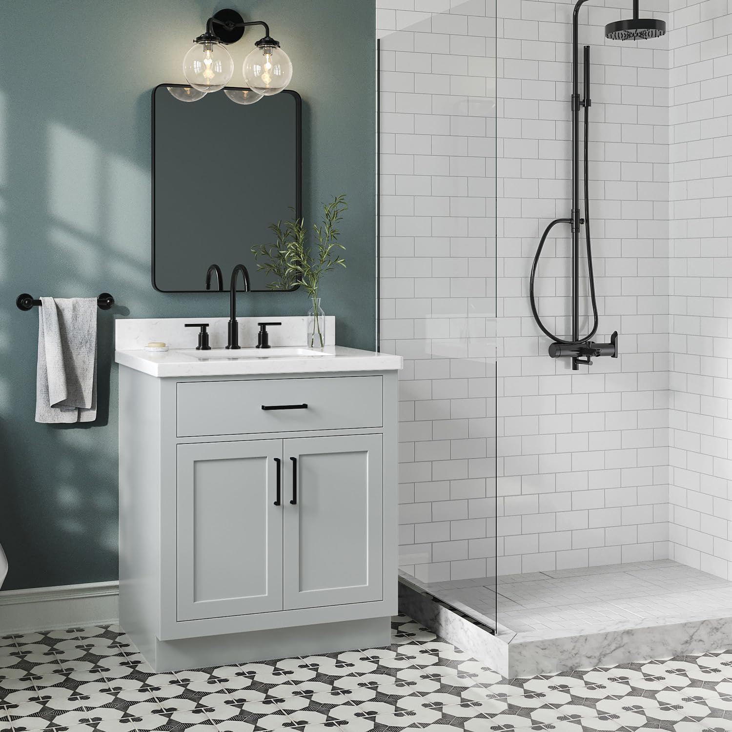 ARIEL Hepburn 30-inch Bathroom Vanity with Sink,Solid Wood, 1.5-inch Carrara White Quartz Countertop & Backsplash, Single Rectangular Porcelain Sink, 2 Soft Closing Doors, 1 Dovetail Drawers, Grey