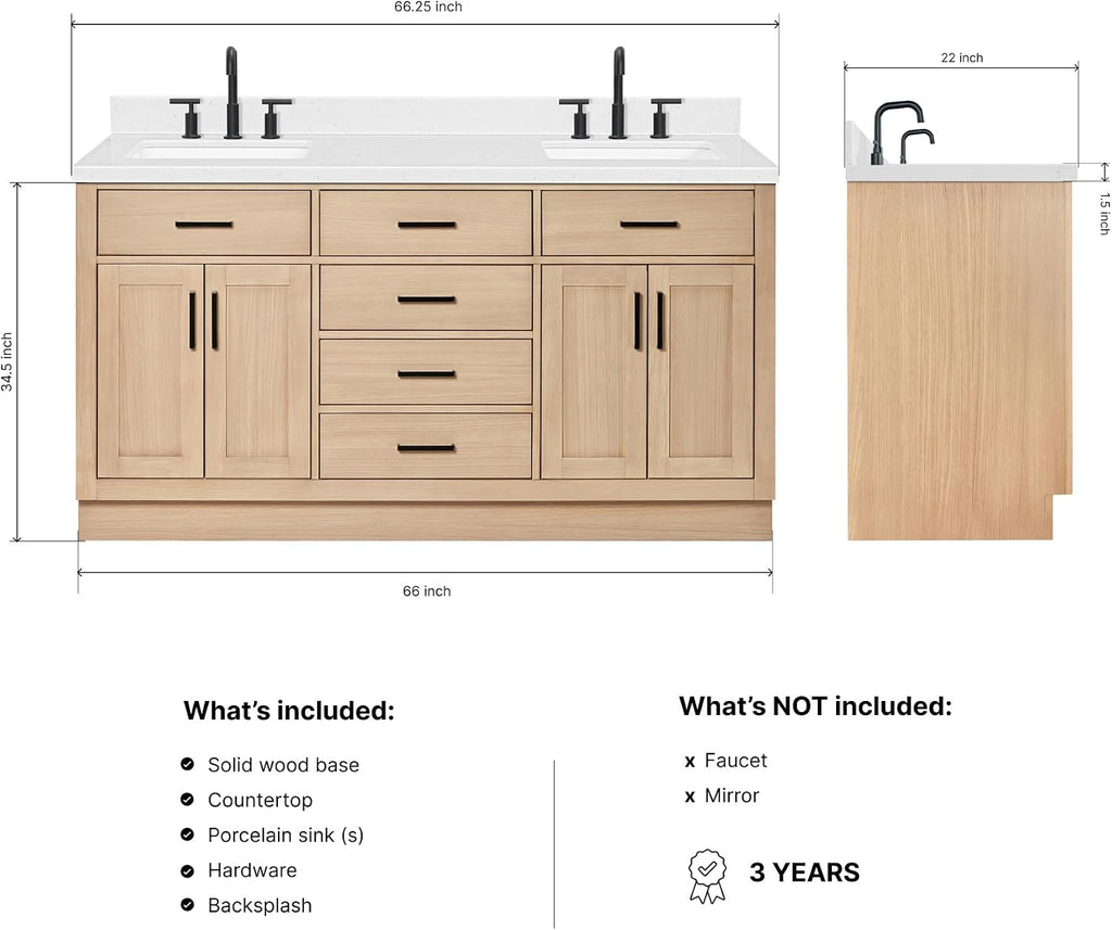 ARIEL Hepburn 66-inch Bathroom Vanity with Sink,Solid Wood, 1.5-inch Carrara White Quartz Countertop, Double Rectangular Porcelain Sink, 4 Soft Closing Doors, 6 Dovetail Drawers, White Oak