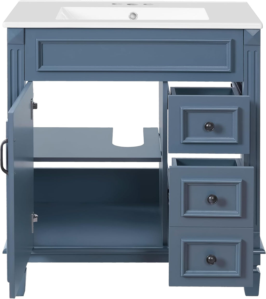 30 Inch Blue-Grey Bathroom Vanity with Sink,Modern Bathroom Vanity with 2 Right Hand Drawers & Adjustable Shelf,Soft Closing Doors & Black Handles,Solid Wood Frame,French Embossed Front