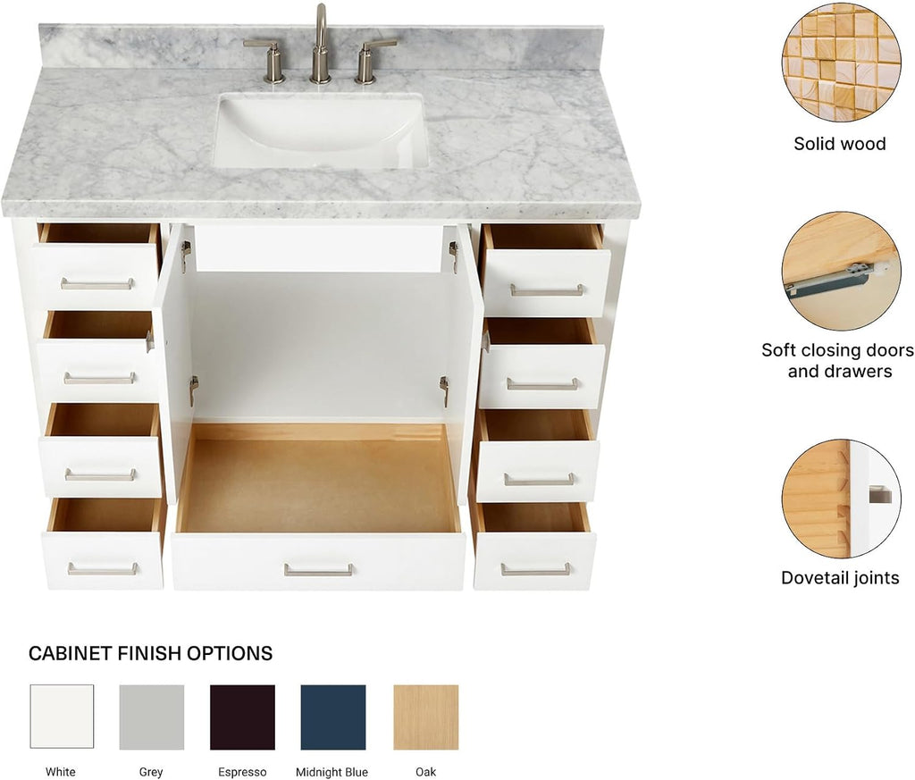 ARIEL Cambridge 48-inch Bathroom Vanity with Sink,Solid Wood, 1.5-inch Italian Carrara Marble Countertop, Single Rectangular Porcelain Sink, 2 Soft Closing Doors, 9 Dovetail Drawers, White