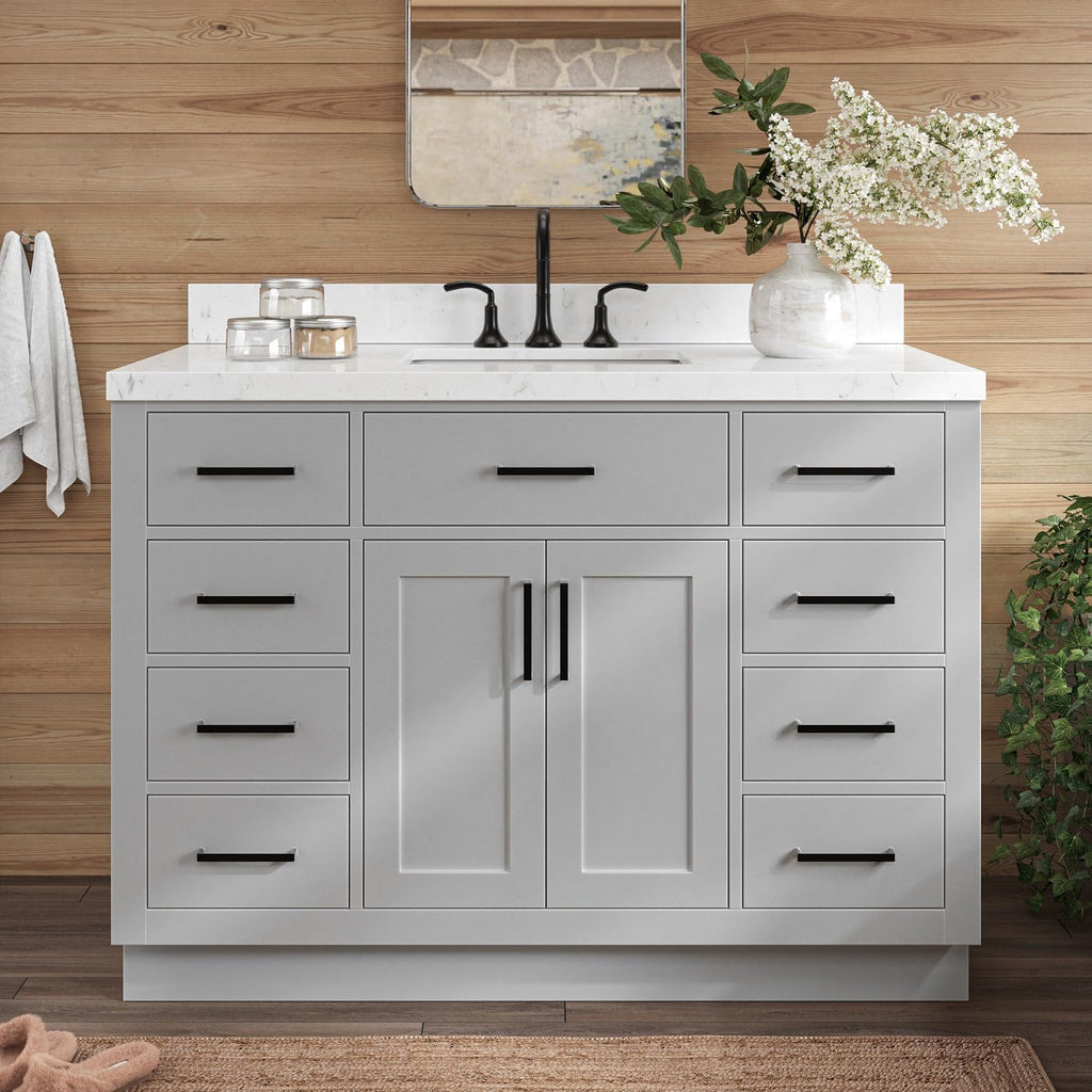 ARIEL Hepburn 48-inch Bathroom Vanity with Sink,Solid Wood, 1.5-inch Carrara White Quartz Countertop & Backsplash, Single Rectangular Porcelain Sink, 2 Soft Closing Doors, 9 Dovetail Drawers, Grey