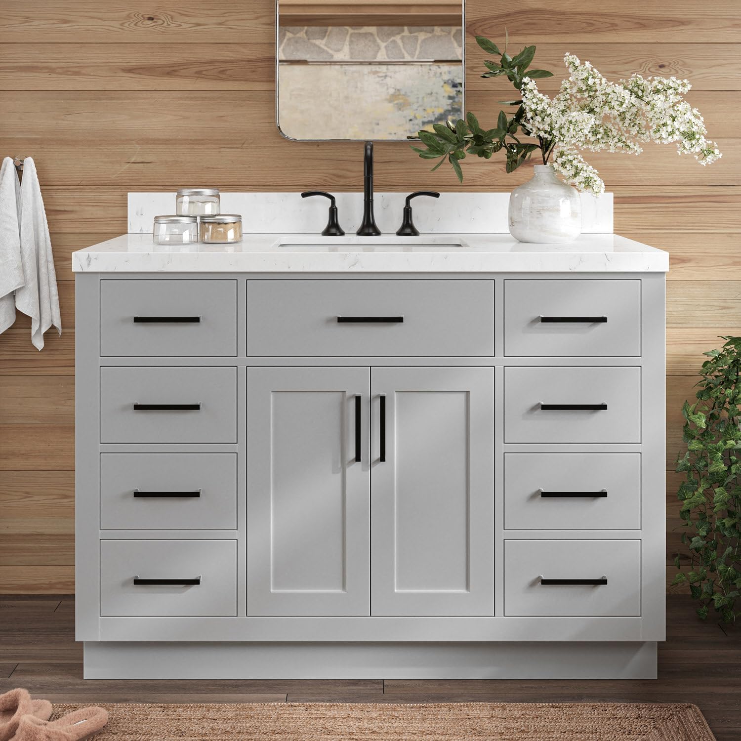 ARIEL Hepburn 48-inch Bathroom Vanity with Sink,Solid Wood, 1.5-inch Carrara White Quartz Countertop & Backsplash, Single Rectangular Porcelain Sink, 2 Soft Closing Doors, 9 Dovetail Drawers, Grey