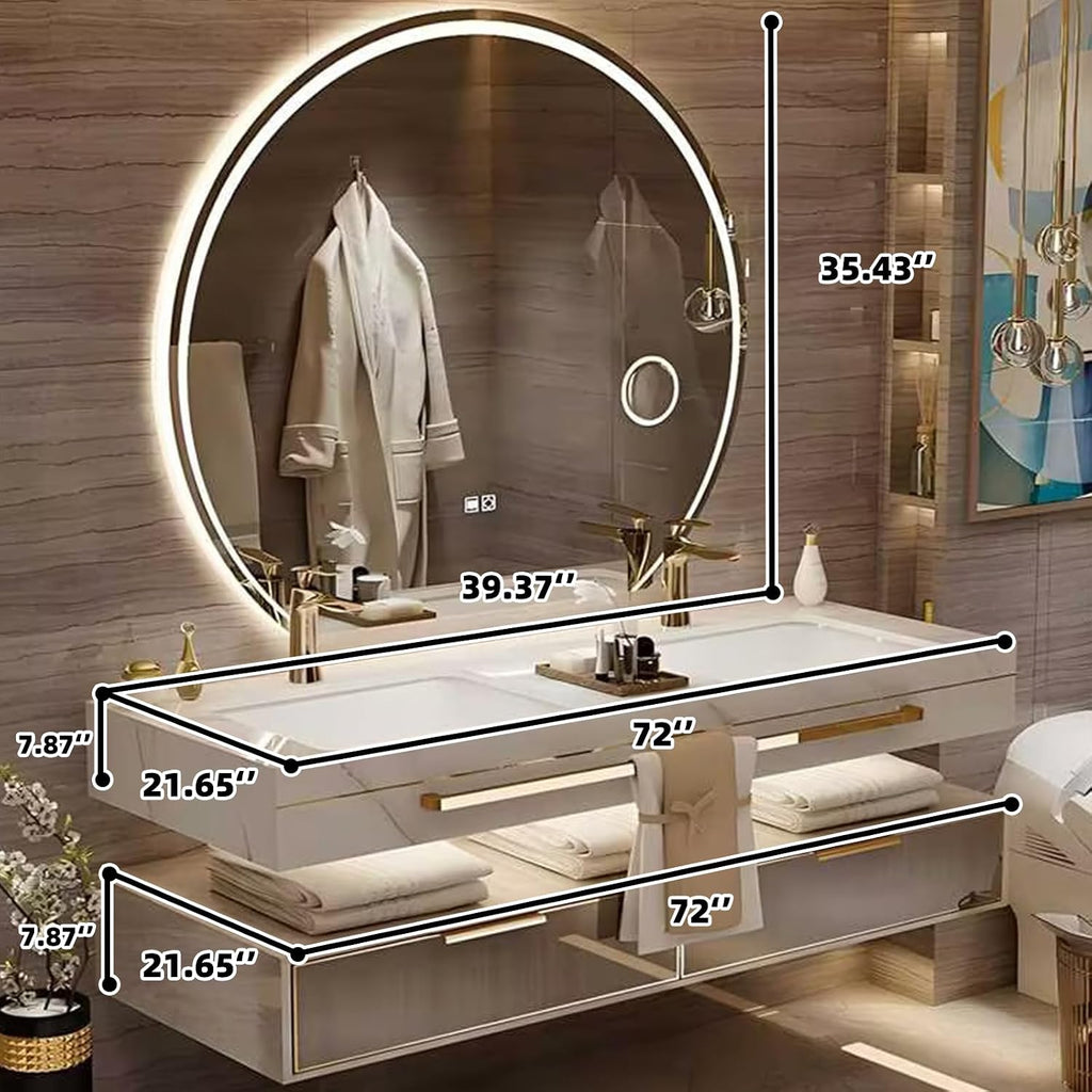 Floating Bathroom Vanity with Sink, Luxury Bathroom Vanity with LED Round Smart Defogger Mirror,Multilayer Solid Wood Spacious Storage Drawer Include Faucet and Drain Fittings,Double Sink(72')