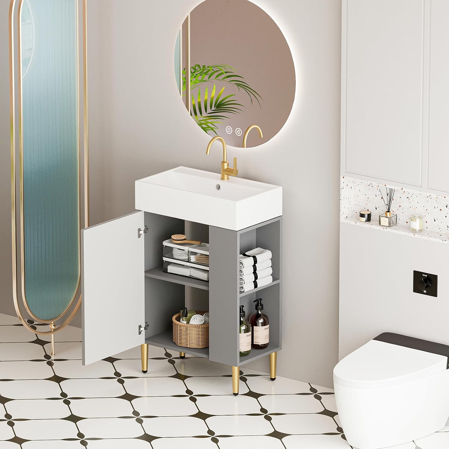 21.6 Inch Bathroom Vanity with Sink, Vanities with Square Ceramic Sink Top and Right Side Storage, Combo Stand Storage Cabinet Set for Small Bathroom (Matte Grey)